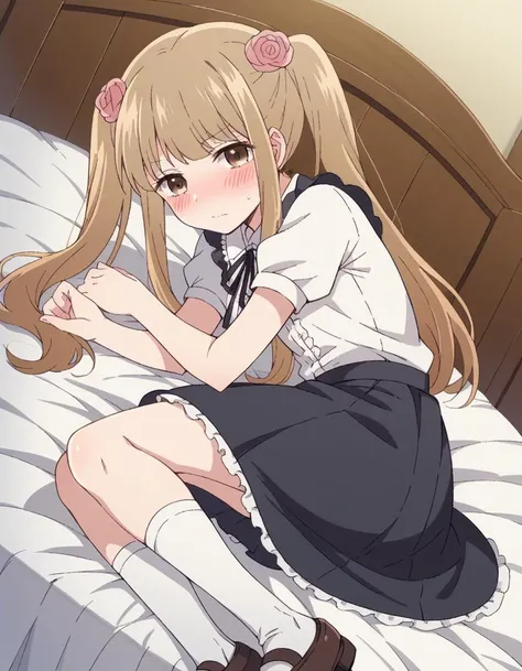 anime girl in school uniform laying on bed with her legs crossed