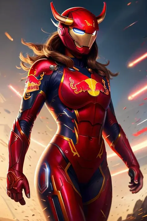 redbullai  ,woman,( ironman suit:0.8),masterpiece,best quality,highly detailed,FHD,1080P.2K.4K.8K,near future city,Back lighting, <lora:RedBullAI:1>