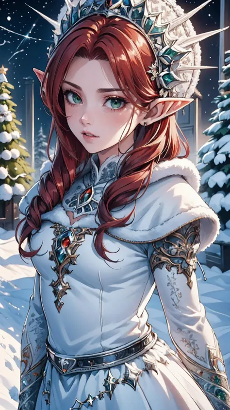 (High Quality:1.4), (Best Quality:1.4), (masterpiece:1.4), official art, official wallpaper, 4k textures,
25 year old young, elf, (pointy ears:1.2), (reddish hair:1.3), almond eyes, (green eyes), [long hair], [wavy hair], (eyeshadow:1.1), 162cm tall, oval ...