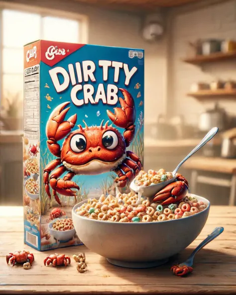 cereal box with the text  Dirty Crab . <lora:Whimsy_Crunch_-_breakfast_of_champions:1>