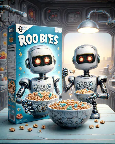 cereal box with the text  Robo-Bites Breakfast Bots:[futuristic metallic design:robotic crunch:0.6], [gears and bolts cereal:tech-powered mornings:0.8] . <lora:Whimsy_Crunch_-_breakfast_of_champions:1>