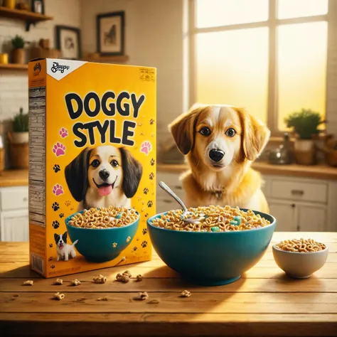 cereal box with the text "Doggy Style", dog theme<lora:Whimsy_Crunch_-_breakfast_of_champions:1>