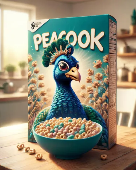 cereal box with the text  Peacock . <lora:Whimsy_Crunch_-_breakfast_of_champions:1>