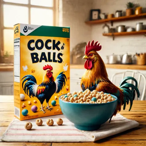 cereal box with the text "Cock and Balls", a rooster themed cereal<lora:Whimsy_Crunch_-_breakfast_of_champions:1>