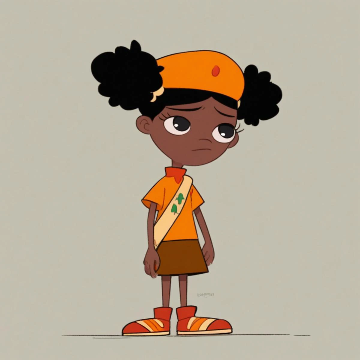 a cartoon girl with a yellow hat and brown skirt