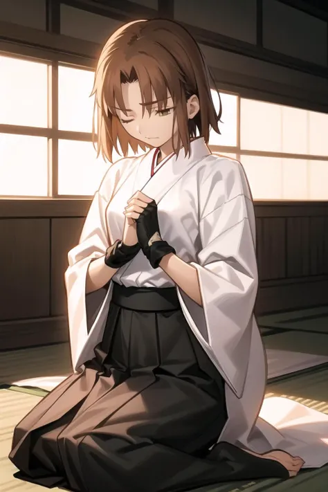 <lora:takeuchi_takashi_style_v01:1>
<lora:mitsuzuri-000016:1> mitsuzuri, kimono, white kimono, hakama skirt, black skirt, single glove, partially fingerless gloves, muneate,
1girl, kneeling, eyes closed, dojo, peaceful