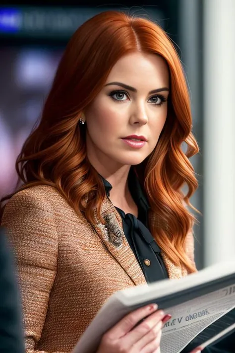 portrait photo of  islafisher-5400 as a (((newscaster reading the news on a television set))) (masterpiece) (best quality) (red hair) (8k) (HDR) (wallpaper) (cinematic lighting) (sharp focus) (intricate), (RAW, analogue, Nikon Z 14mm ultra-wide angle lens,...