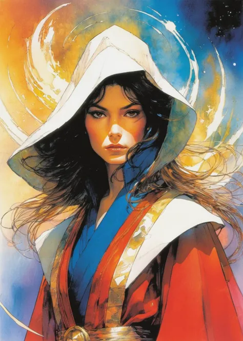 1 female   
mage closeup 
robe
battle
  fantasy sci-fi 
 gradient
by Yoshitaka Amano
Bill Sienkiewicz
 SimplepositiveXLv1