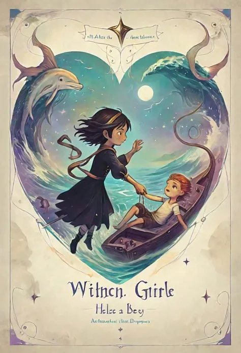 AetherPunkAI children s cover book of a {witch girl has agreed to help a young boy, in love with the sea, but tied to the land, in an attempt to cheat fate, interfered with the fabric of the universe}, fantasy masterpice, sharper, clean lines, outline, mu...