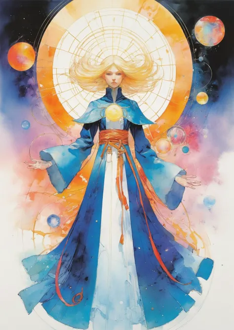 1 female   
mage 
robe
battle
  fantasy 
 gradient
anime ink
by Yoshitaka Amano  Bill Sienkiewicz Hilma AF Klint	
 SimplepositiveXLv1