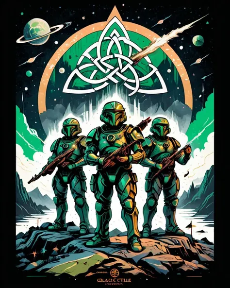 a poster of three soldiers standing in front of a celtic knot