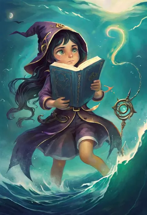 a girl in a witch costume is reading a book in the ocean