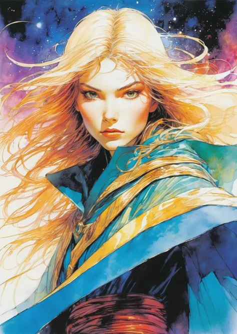 1 female   
mage closeup 
robe
battle
  fantasy sci-fi 
 gradient
anime ink
by Yoshitaka Amano Bill Sienkiewicz
 SimplepositiveXLv1