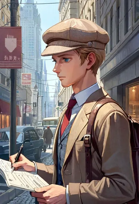 anime man in a hat and suit writing on a piece of paper