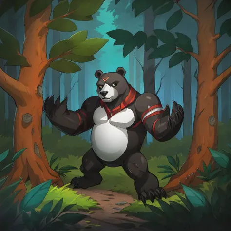 cartoon bear in the woods with a red scarf on