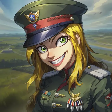 a woman in a military uniform smiles while standing in front of a field