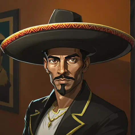 portrait of a man wearing a sombrero,indoors,cropped,portrait,art by ncrender,<lora:New_Century_V2:1>