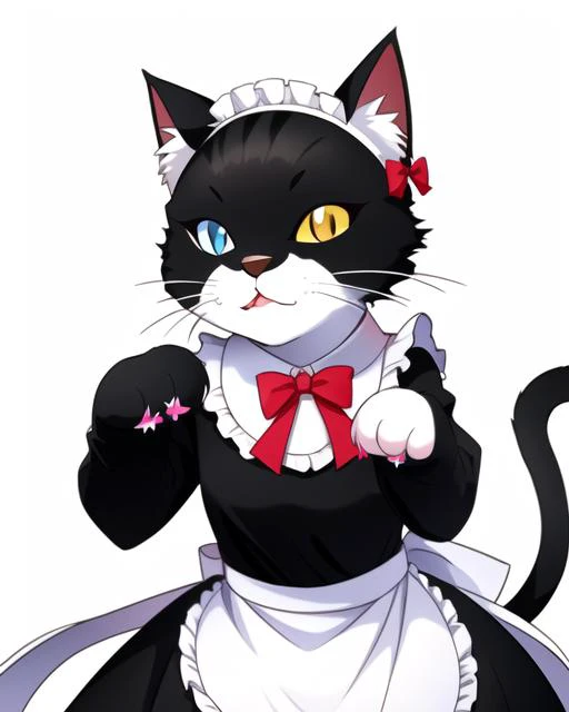 a close up of a cat wearing a maid outfit and a bow