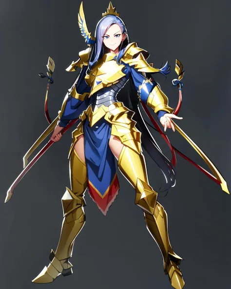 a woman in a gold and blue outfit holding a sword