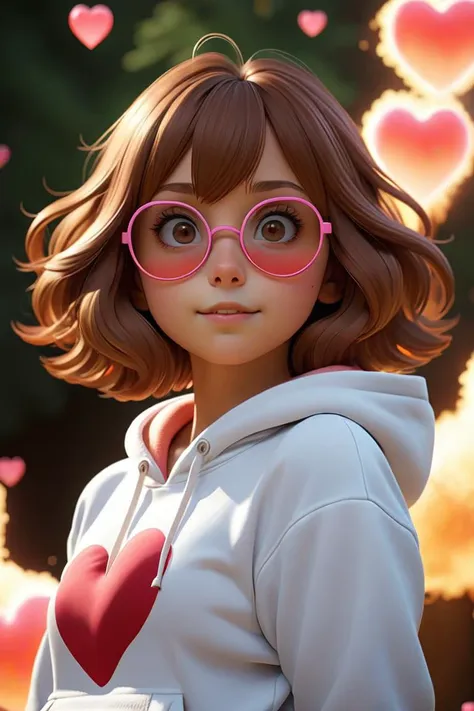 a woman with glasses and a heart shaped heart in her hand