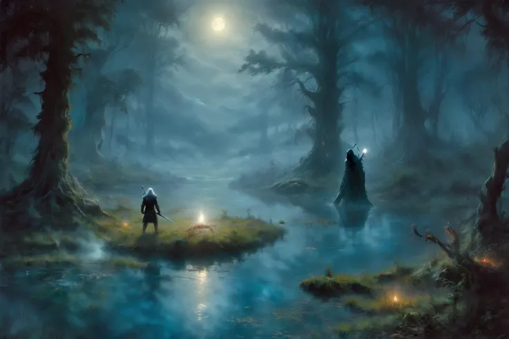 oil and water color painting, geralt of rivia, demento floating over a pond in the forest, surreal lighting, clearing in the forest, (fog, dust:1.3) <lora:ral-mythcr:1> ral-mythcr <lora:xl_more_art-full_v1:1>, (masterpiece:1.2), best quality