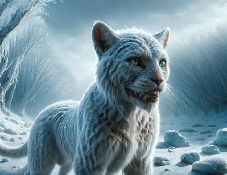 ral-mythcr,a large feline creature with fur that glistens like fresh snow and eyes that sparkle like ice crystals. It prowls the arctic landscapes, leaving trails of frost in its wake, its breath visible as a misty vapor in the cold air,tranzp,GhostlyStyle...