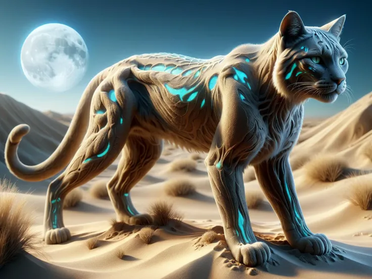 ral-mythcr, Desert Mirage Lynx, a feline creature with a body covered in a fur-like shifting sand (ral-sand )and mirage-like transparency, glass like transparent body (tranzp) with glow in the dark veins and bones. It has eyes that reflect the moon over th...