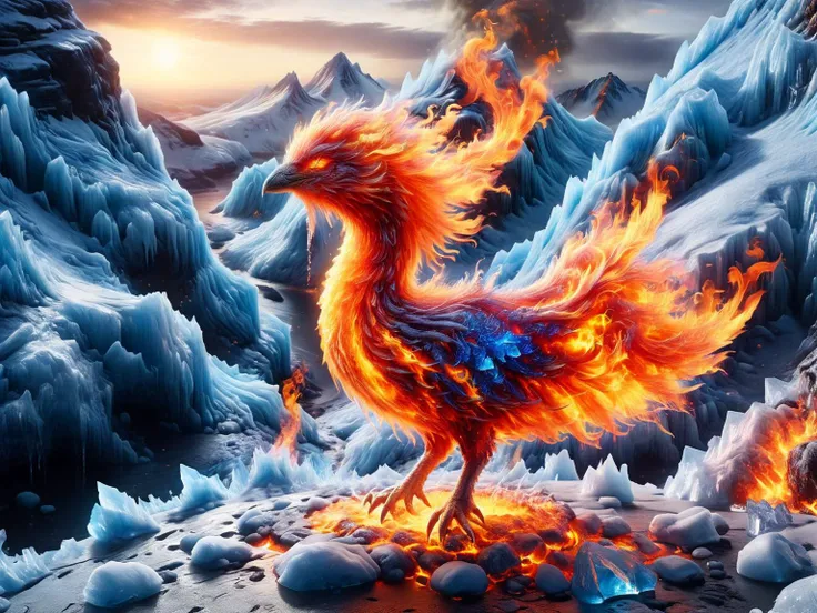 ral-mythcr, faize, (A phoenix made of a mix of fire and ice stood in a ball of fire, surrounded by ice. Razor-sharp talons. Stood on a cliff overlooking  a landscape of snow-capped mountains and volcanic springs. Showing the duality of fire and ice. <lora:...