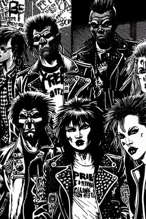 a black and white drawing of a group of punk rockers