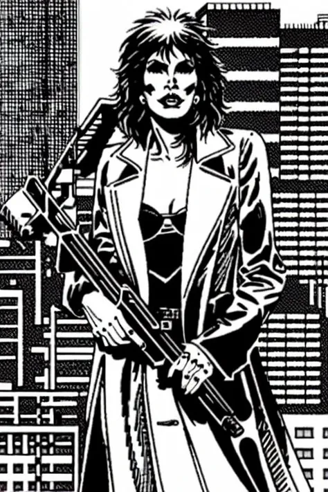 a black and white drawing of a woman in a trench coat holding a gun