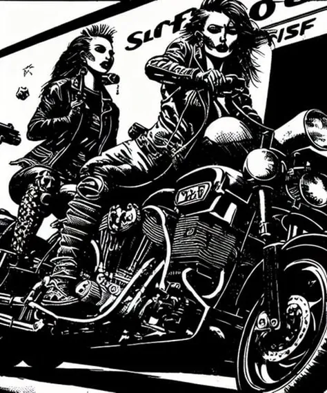 a close up of a drawing of two people riding a motorcycle