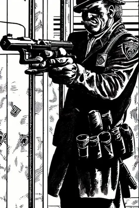 a black and white drawing of a man holding a gun