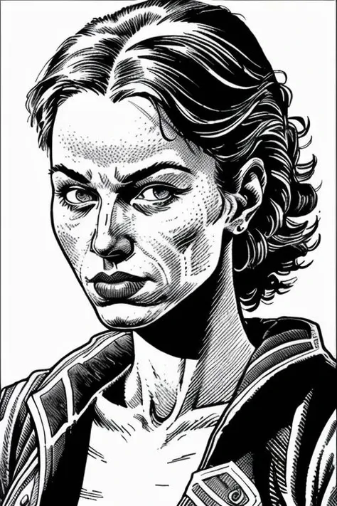 a black and white drawing of a woman with a serious look