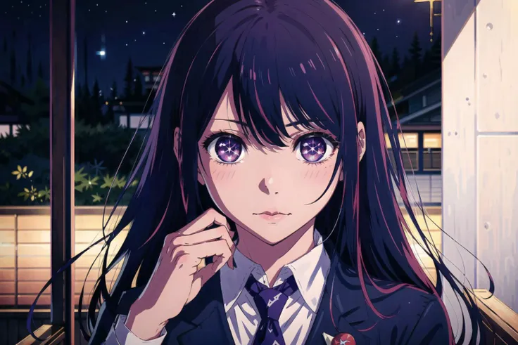 anime girl with long black hair and purple eyes in a suit