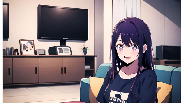 anime girl sitting in a chair in front of a television