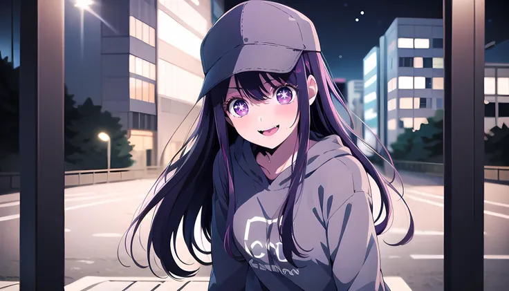 anime girl with long hair wearing a baseball cap and a hoodie