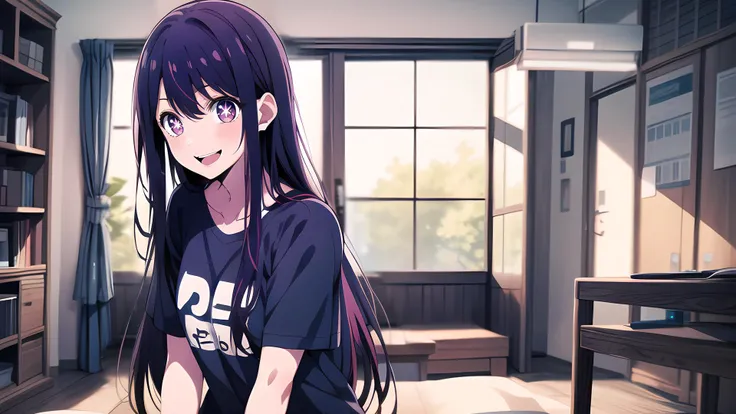 anime girl with long purple hair in a room with bookshelves