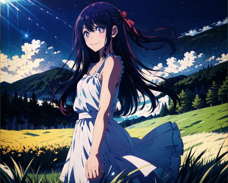 anime girl in a field with mountains in the background