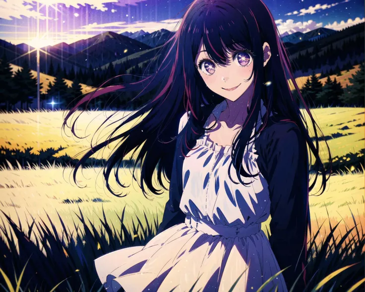 anime girl in a field with mountains in the background