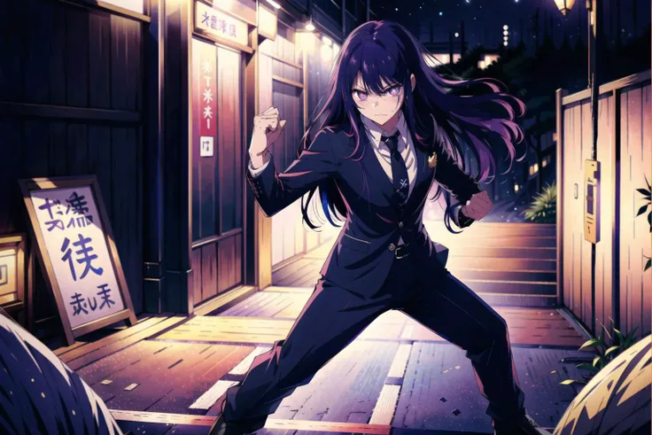 anime girl in a suit and tie standing in a street