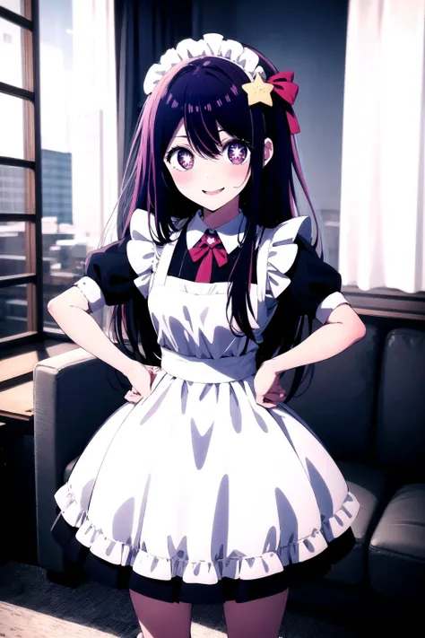 anime girl in maid outfit standing in front of window with her hands on her hips