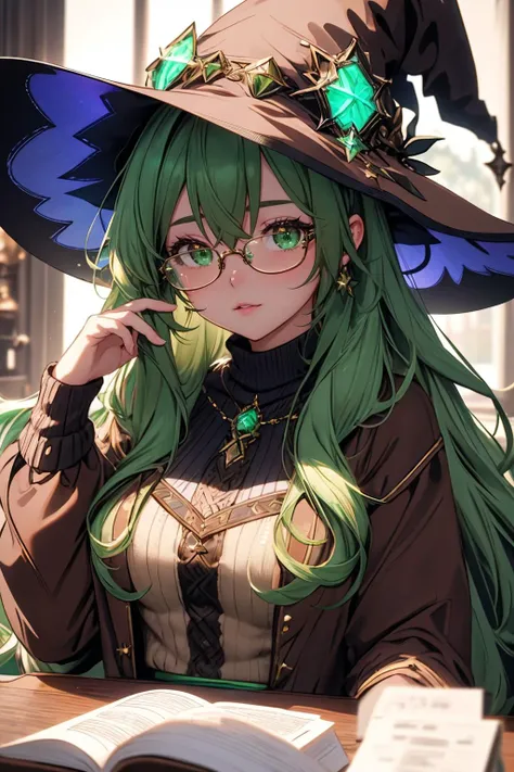 ultra detailed, sharp focus, best quality, masterpiece, 1girl, green hair, messy hair, brown sweater, <lora:wrenchwitchiness:1> wrenchwitchiness, glasses