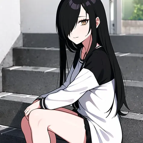 <lora:natsukisubaru:0.8>,bestcar, natsumi, 1girl, black_hair, brown_eyes, solo, hair over one eye,  long hair, sitting on stairc...