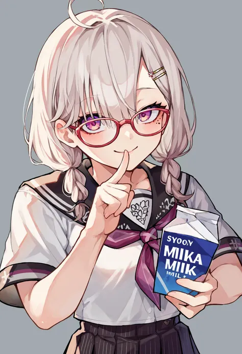 anime girl with glasses holding a milk carton and pointing at it