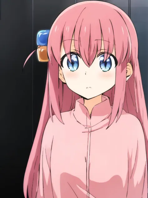 anime girl with pink hair and blue eyes in a pink jacket