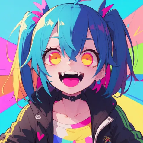 <lora:EyestrainColors:0.7>, EyestrainColors, drawing of a girl with crazy eyes, neon colors, rainbow colors, sunny day, blue sky, teeth, wearing a jacket, dynamic angle