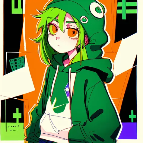 <lora:EyestrainColors:0.9>, EyestrainColors, drawing of a green girl wearing a hoodie and hat, posing, uhd, orange background, 90s ((1990)), checkerboard pattern, sketch, ink, pencil art