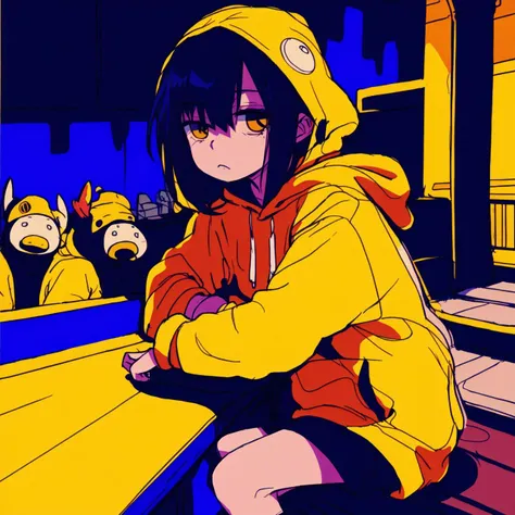 <lora:EyestrainColors:0.9>, EyestrainColors, drawing of a girl wearing a yellow hoodie looking cool as hell, sad melancholy, sitting in a dark room