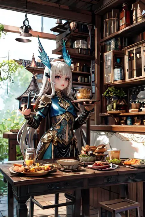 a woman in a blue dress standing in front of a table with food