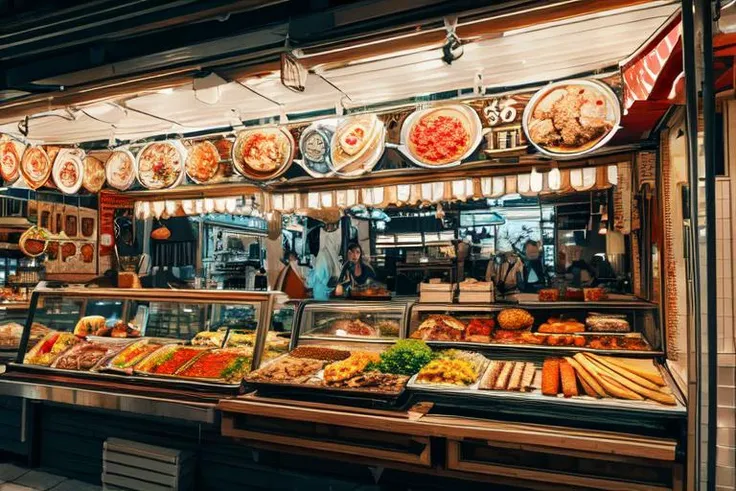 arafed display of food in a market with people walking by